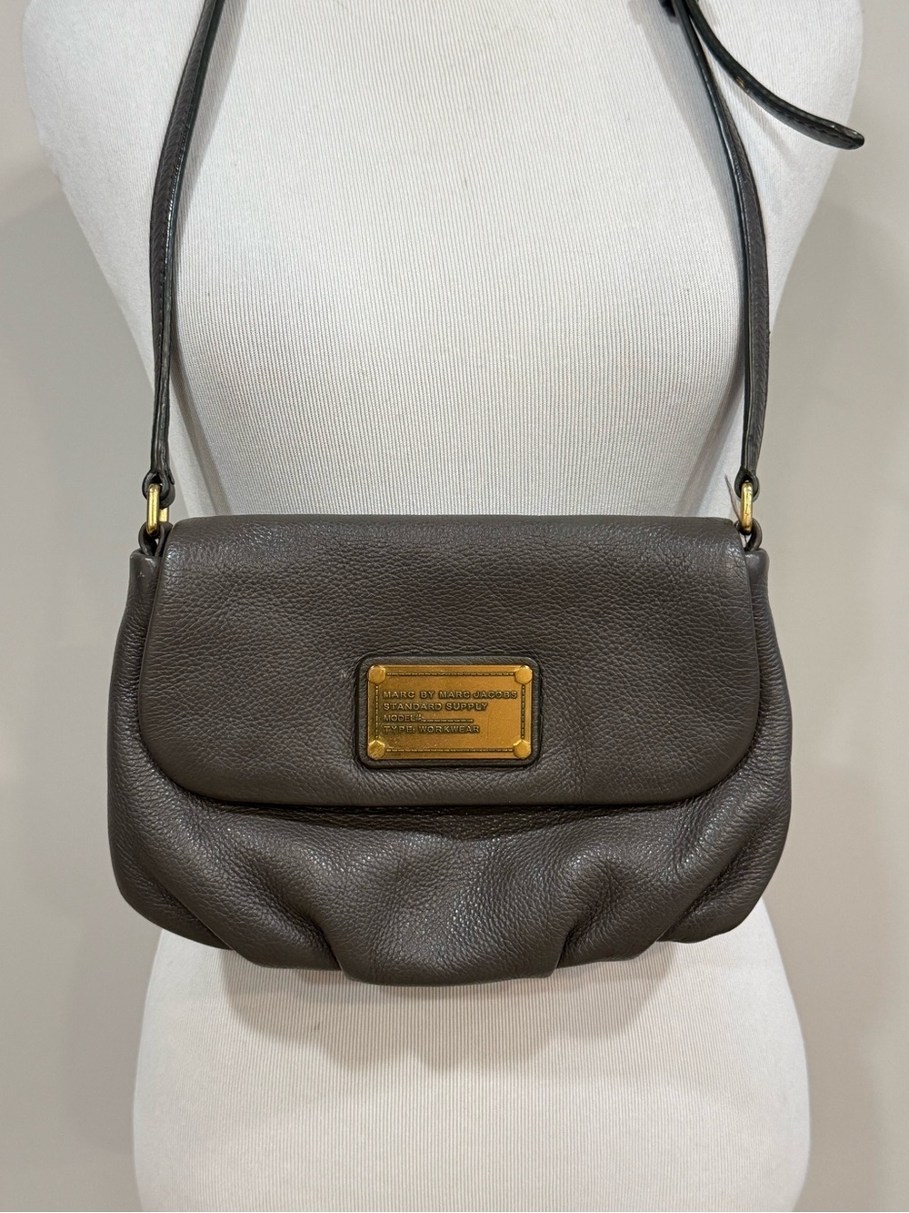 Marc by Marc Jacobs Dark Gray Pebbled Leather Crossbody with Gold Plaque
